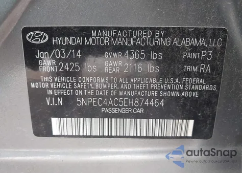 2014 Hyundai Sonata Limited z USA, uszkodzony, nr VIN 5NPEC4AC5EH874464